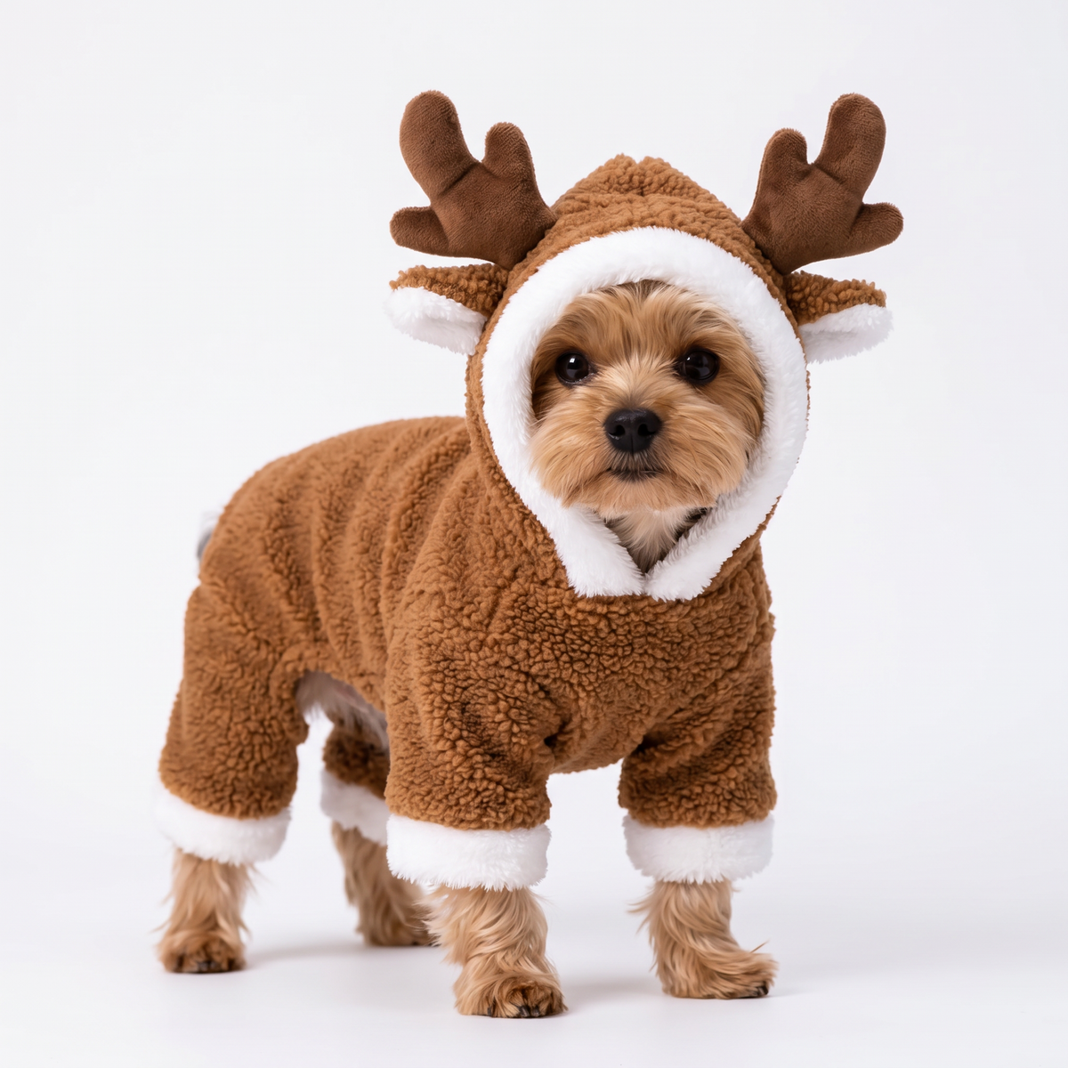 Dog wearing the Mistlepaws reindeer costume