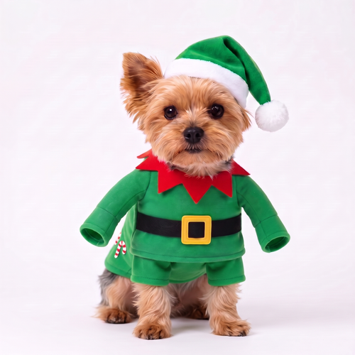 Dog in the Mistlepaws standing elf costume, green with a red pointed collar, black belt and gold buckle, green elf hat