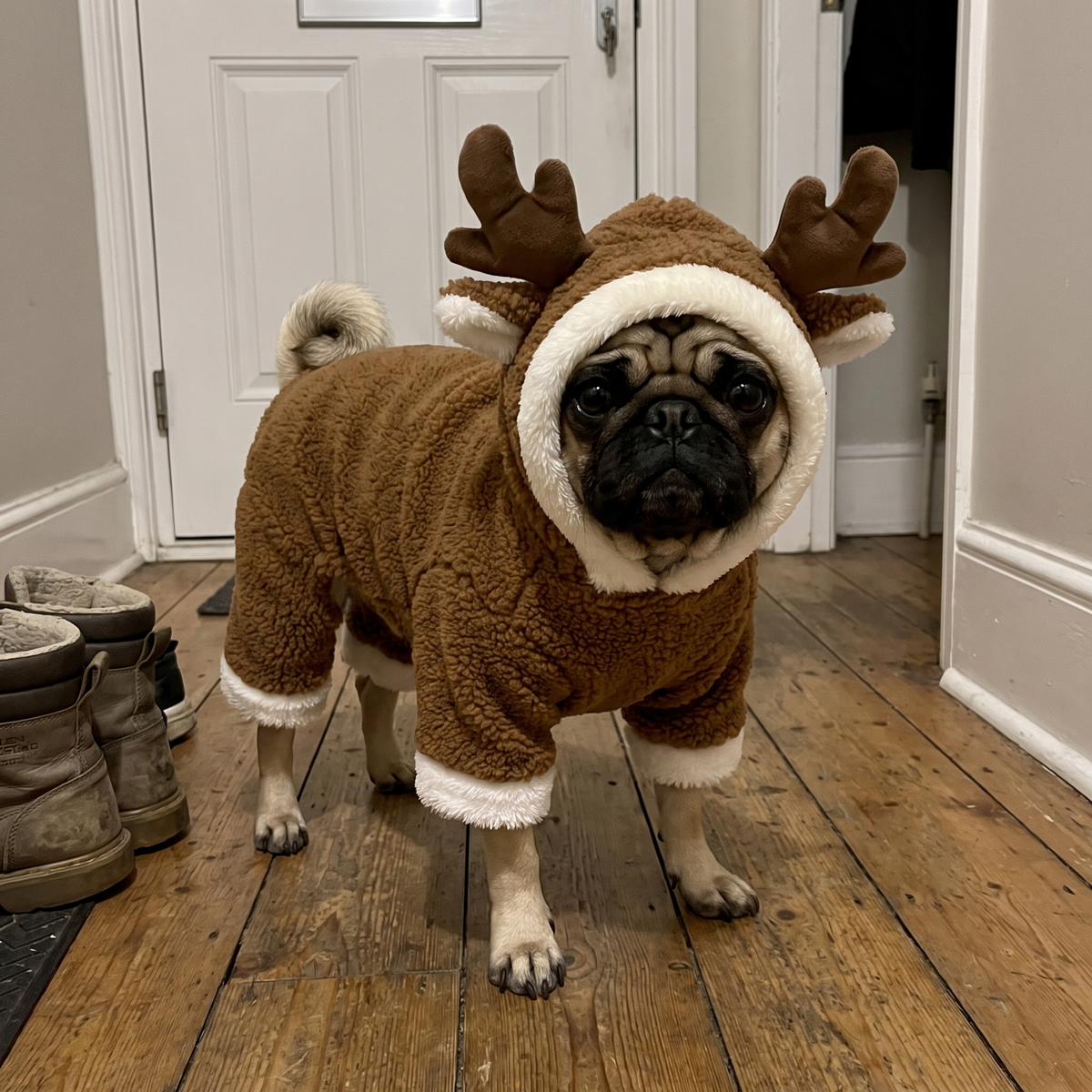 Pug wearing the Mistlepaws reindeer costume in a hallway