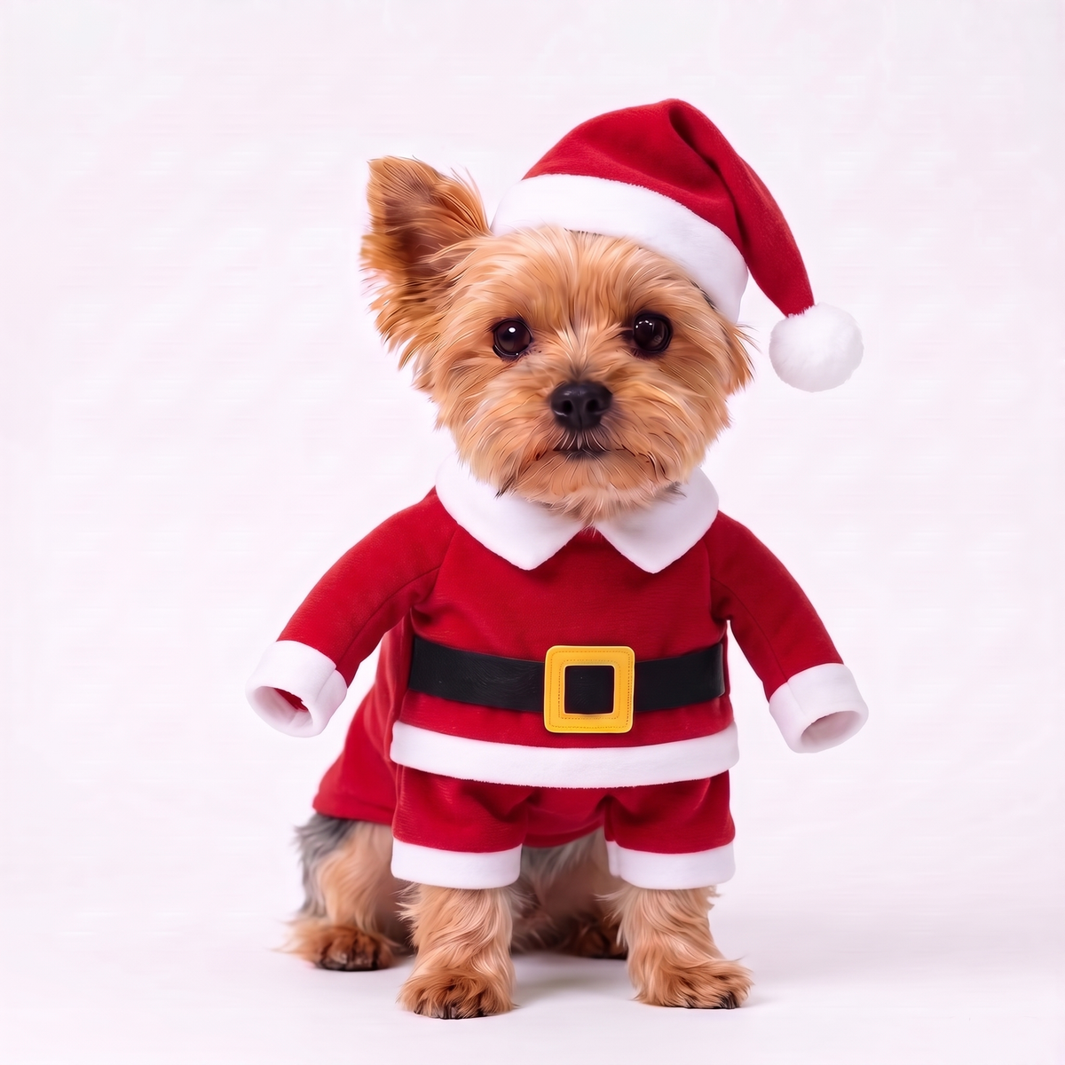 Dog in the Mistlepaws standing Santa costume, red with flat white cuffs, collar and hem, black belt and gold buckle, Santa hat