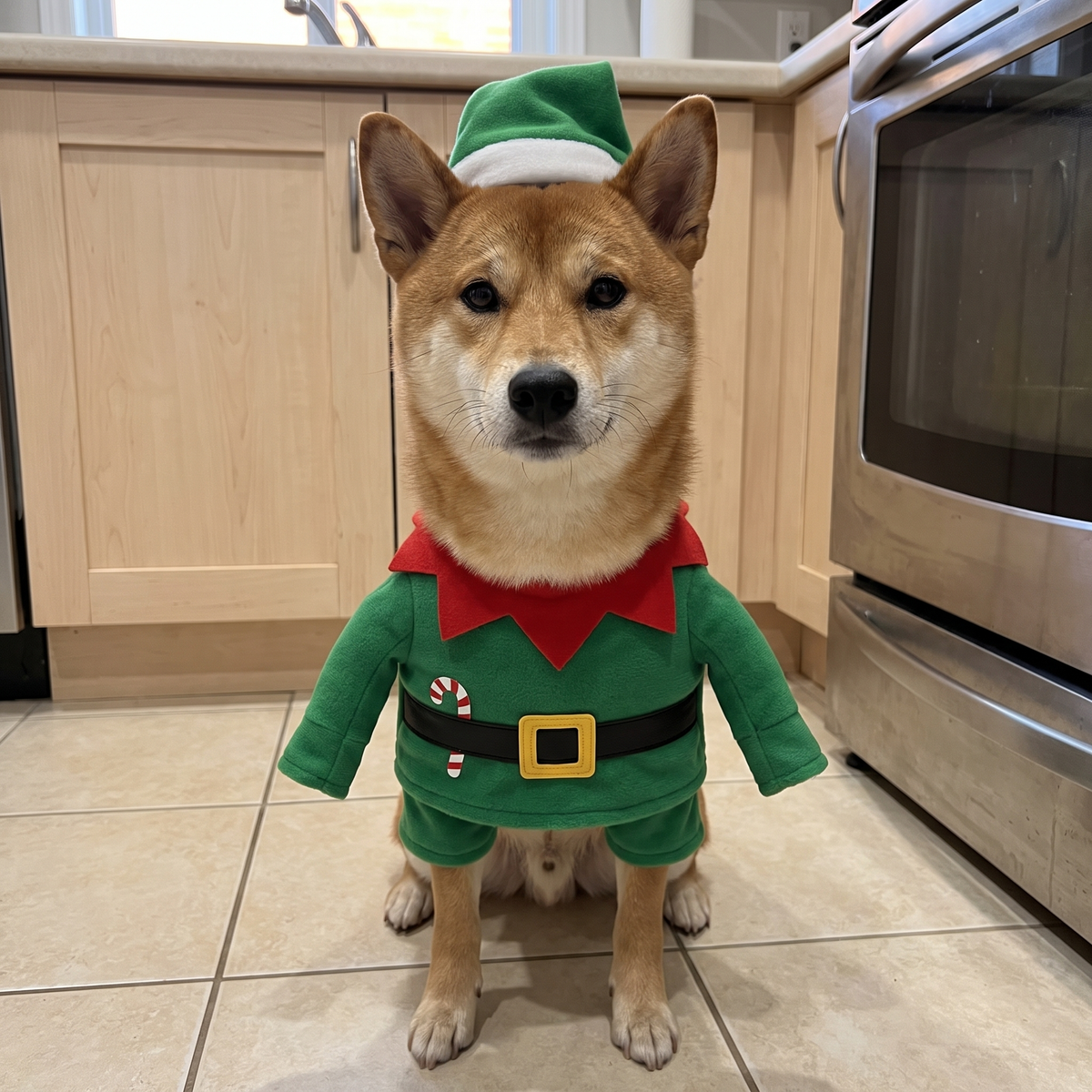 Shiba inu wearing the Mistlepaws elf costume in a kitchen