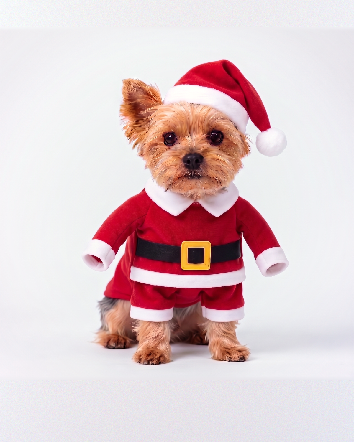 Dog in the Mistlepaws standing Santa costume, red with white collar and cuffs, black belt and gold buckle, Santa hat