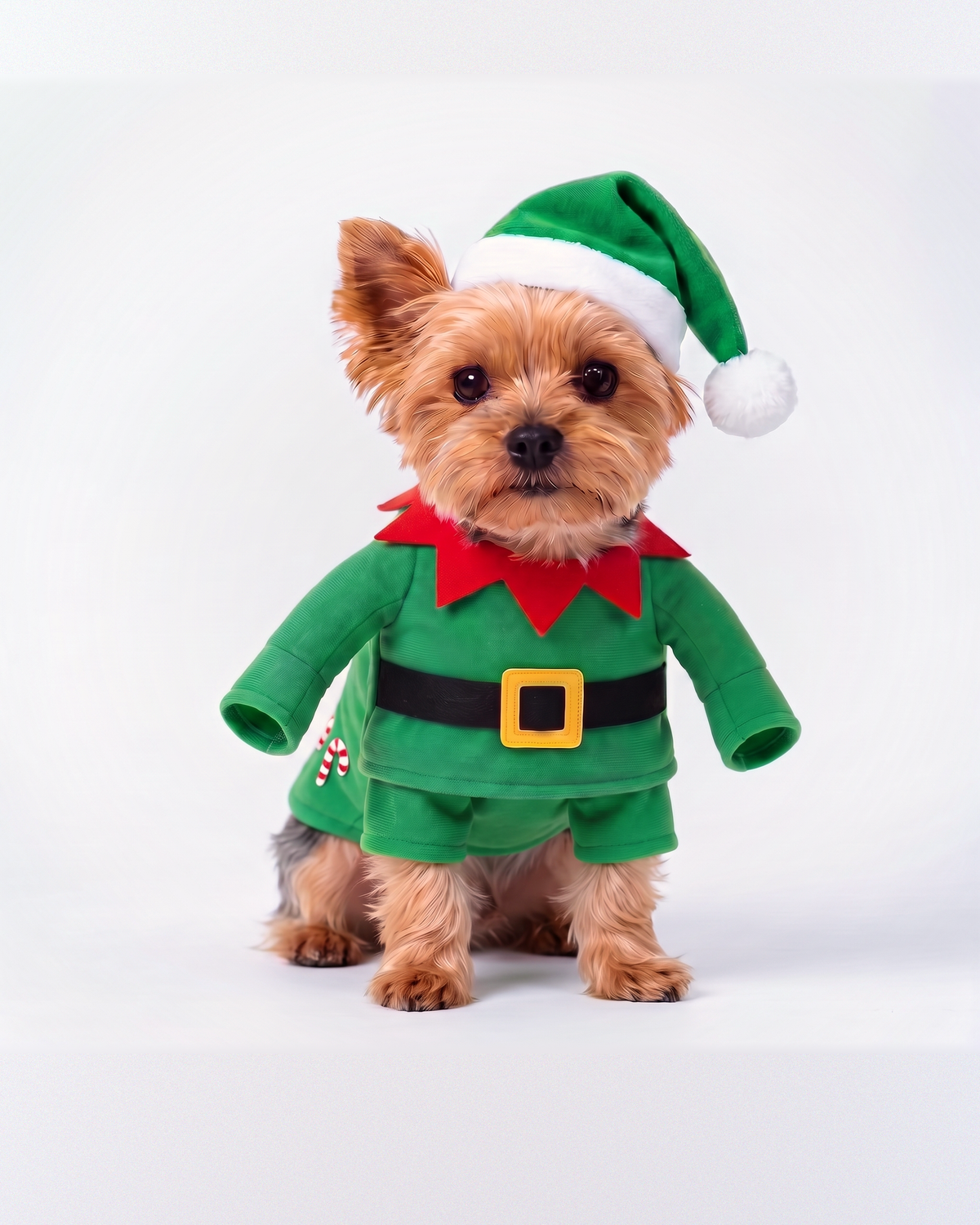 Dog in the Mistlepaws standing elf costume, green with a red pointed collar, black belt and gold buckle, green elf hat
