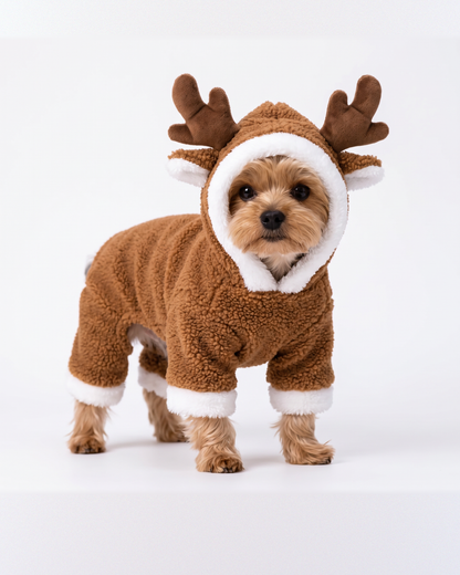Dog wearing the Mistlepaws reindeer costume with antler hood
