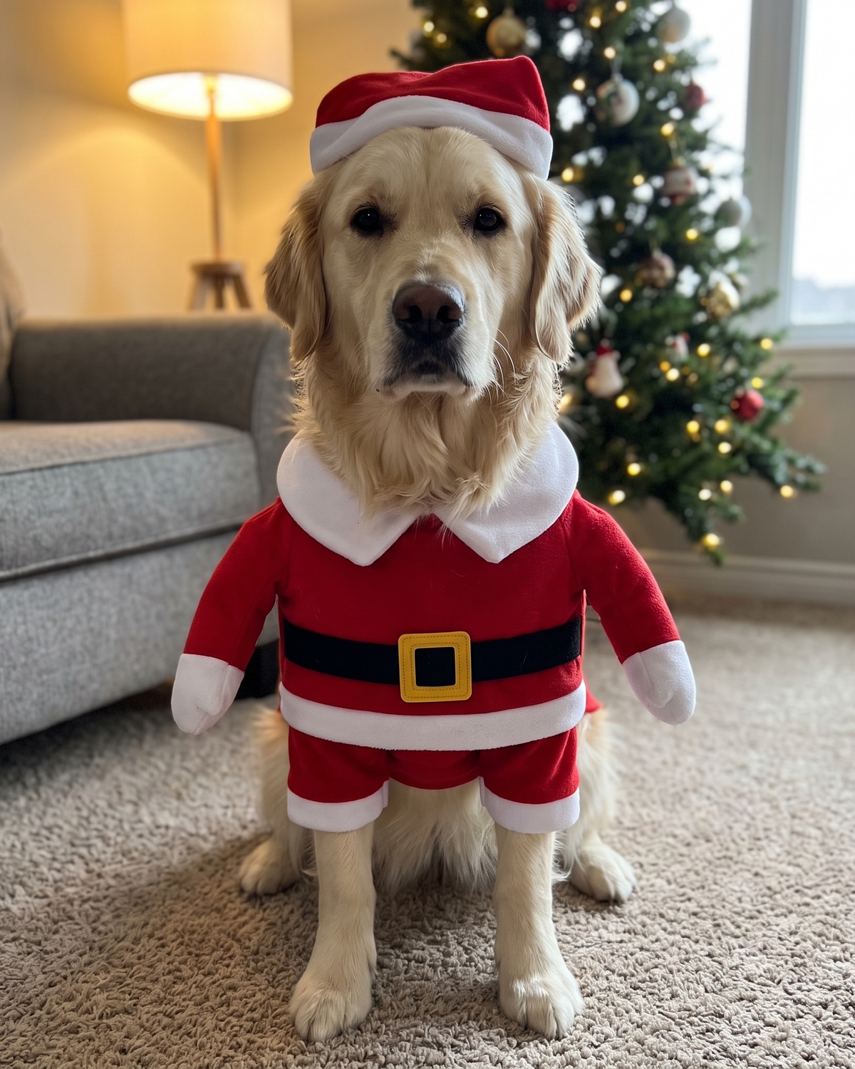 Golden retriever wearing the Mistlepaws Santa costume in a lounge room