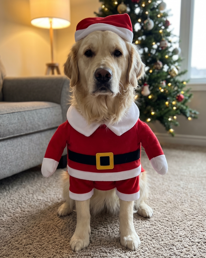Golden retriever wearing the Mistlepaws Santa costume in a lounge room