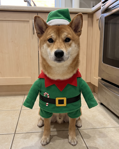Shiba inu wearing the Mistlepaws elf costume in a kitchen