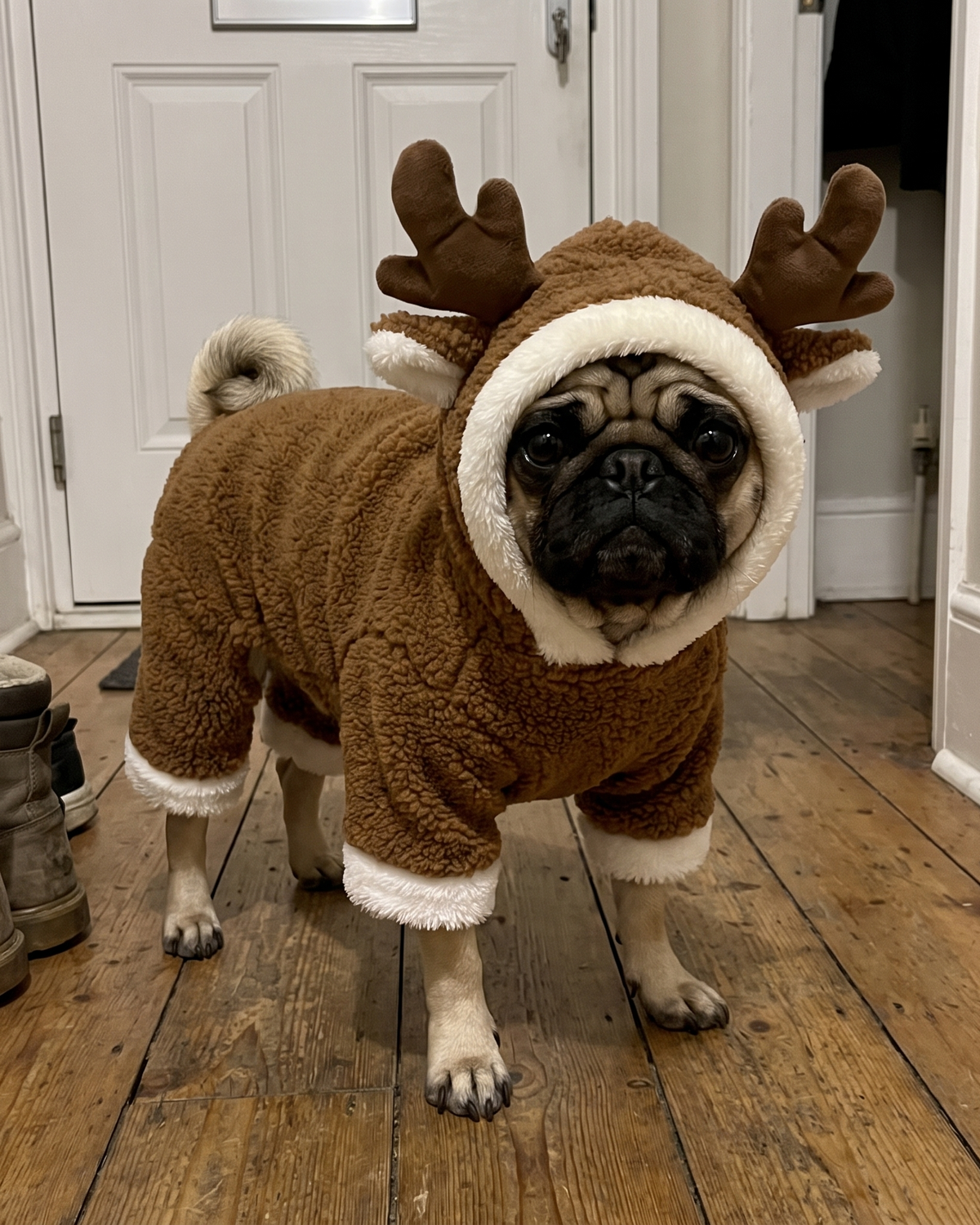 Pug wearing the Mistlepaws reindeer costume in a hallway