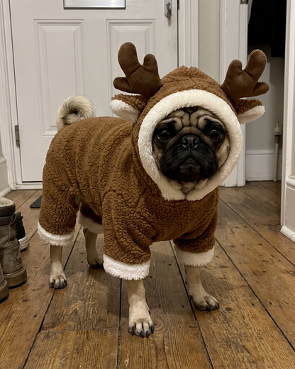 Pug wearing the Mistlepaws reindeer costume in a hallway